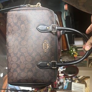 Coach Brown Signature print Rowan Satchel with Black Handles